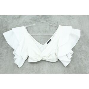 Zara Blouse Womens Medium Ruffle Sleeve Cropped Boho Flutter Knotted White Knit